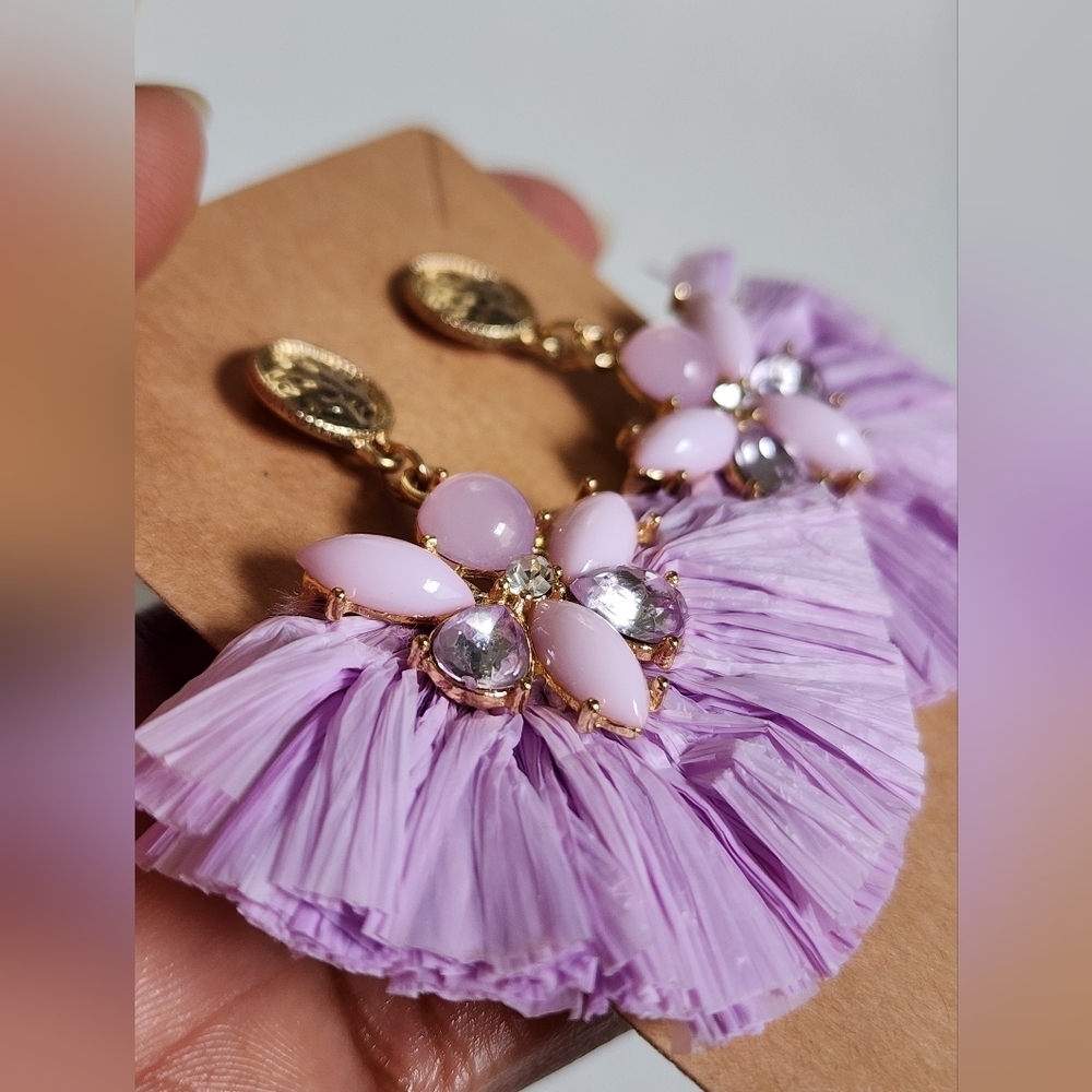 NWOT Paper Purple and Pink Floral Fan Shape Dangling Stud Earrings - Picture 5 of 13